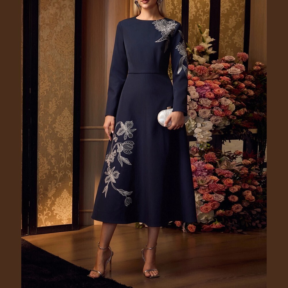 Navy Floral Patterned Long Sleeve Round Neck A-Line Midi Dress